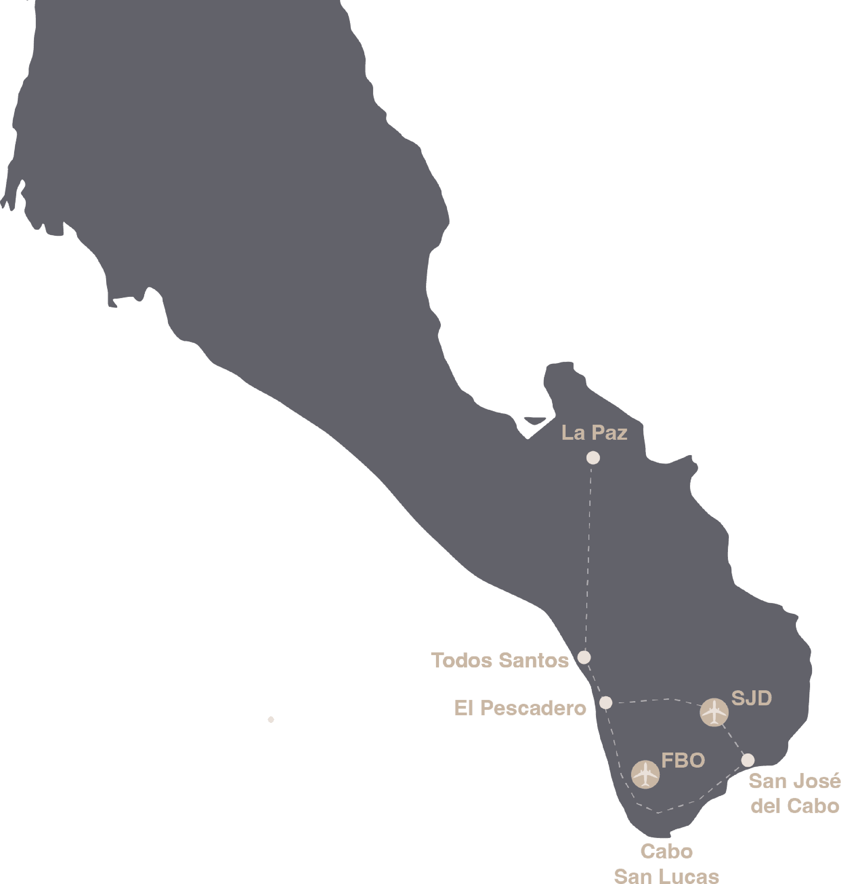 Map of southern Baja California Sur showing El Pescadero between Todos Santos and Cabo